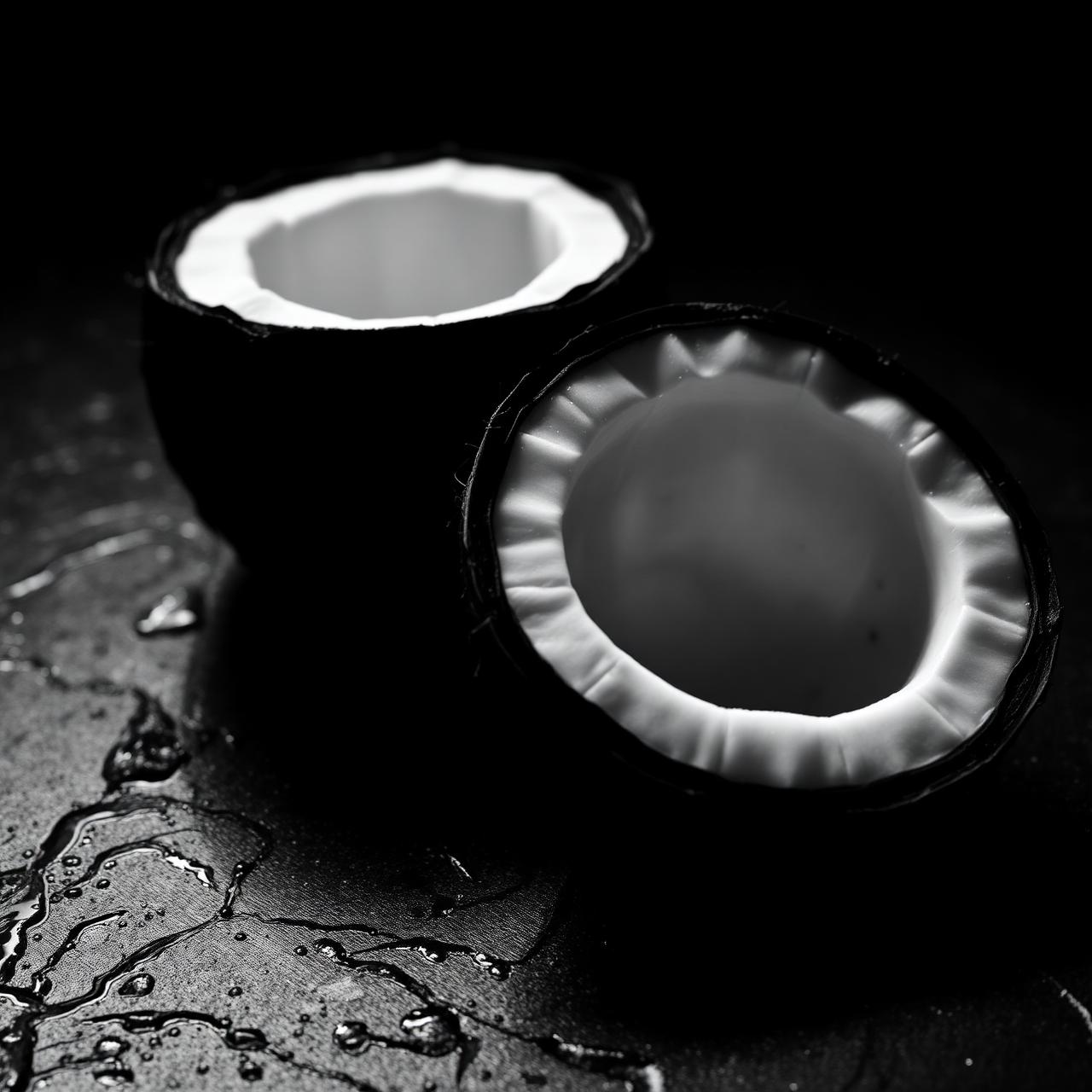 Halved coconut on dark stone