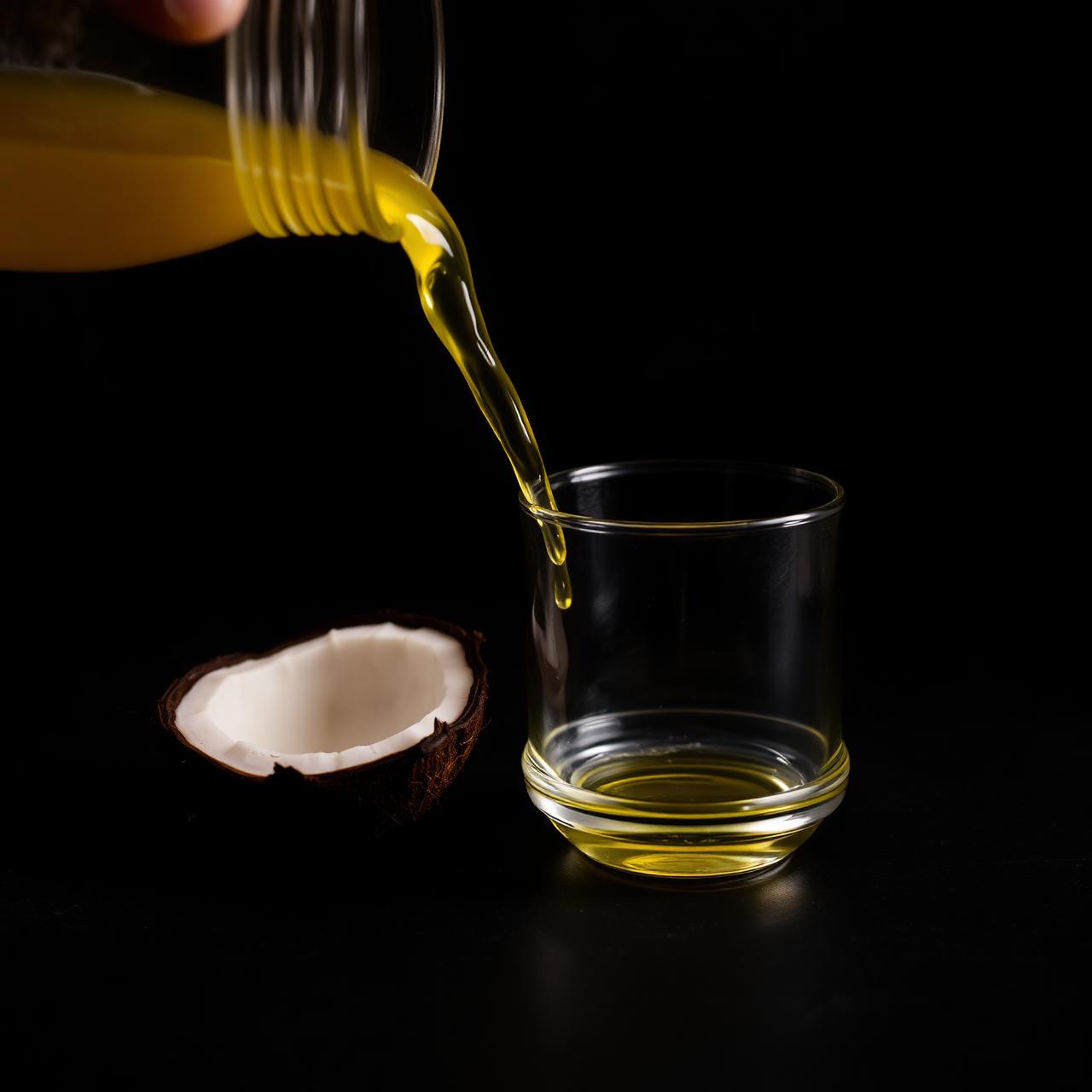 Golden coconut oil pouring beside a halved coconut