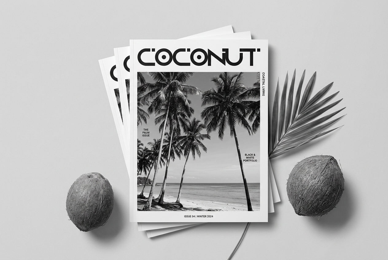 Coconut News and Coconut Magazine, black and white print mockups with palm tree beach cover