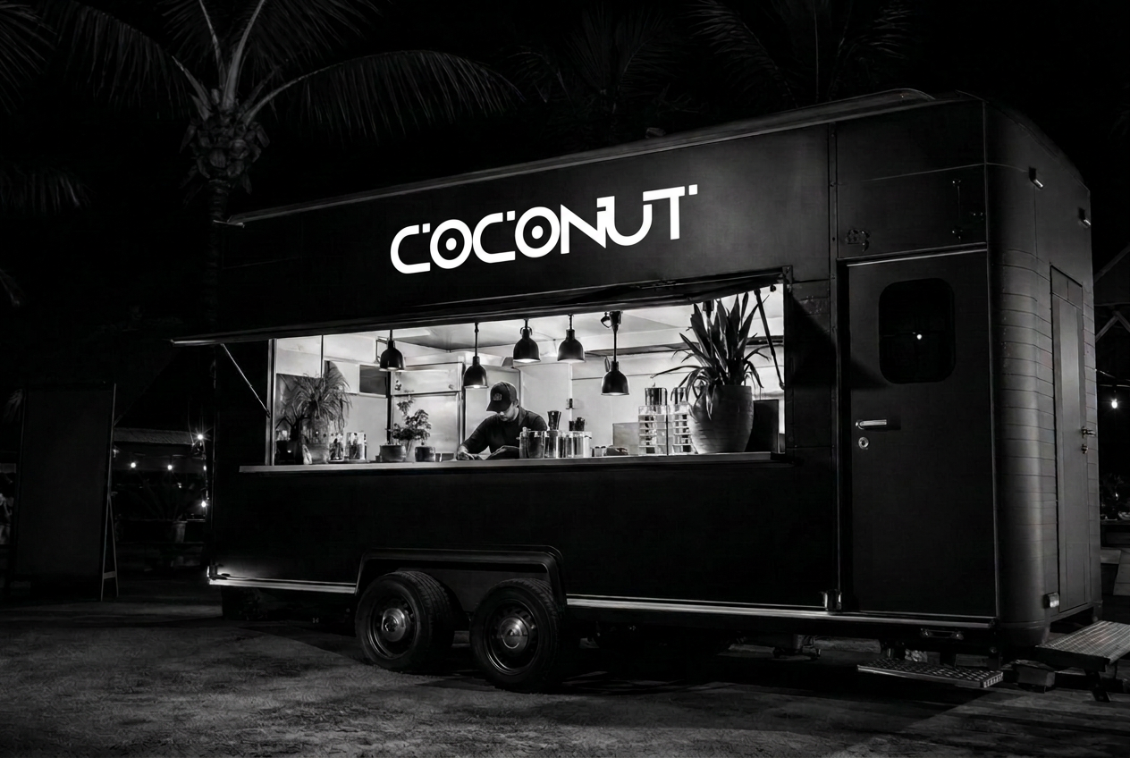 Coconut food trailer at night, matte black with lit service window