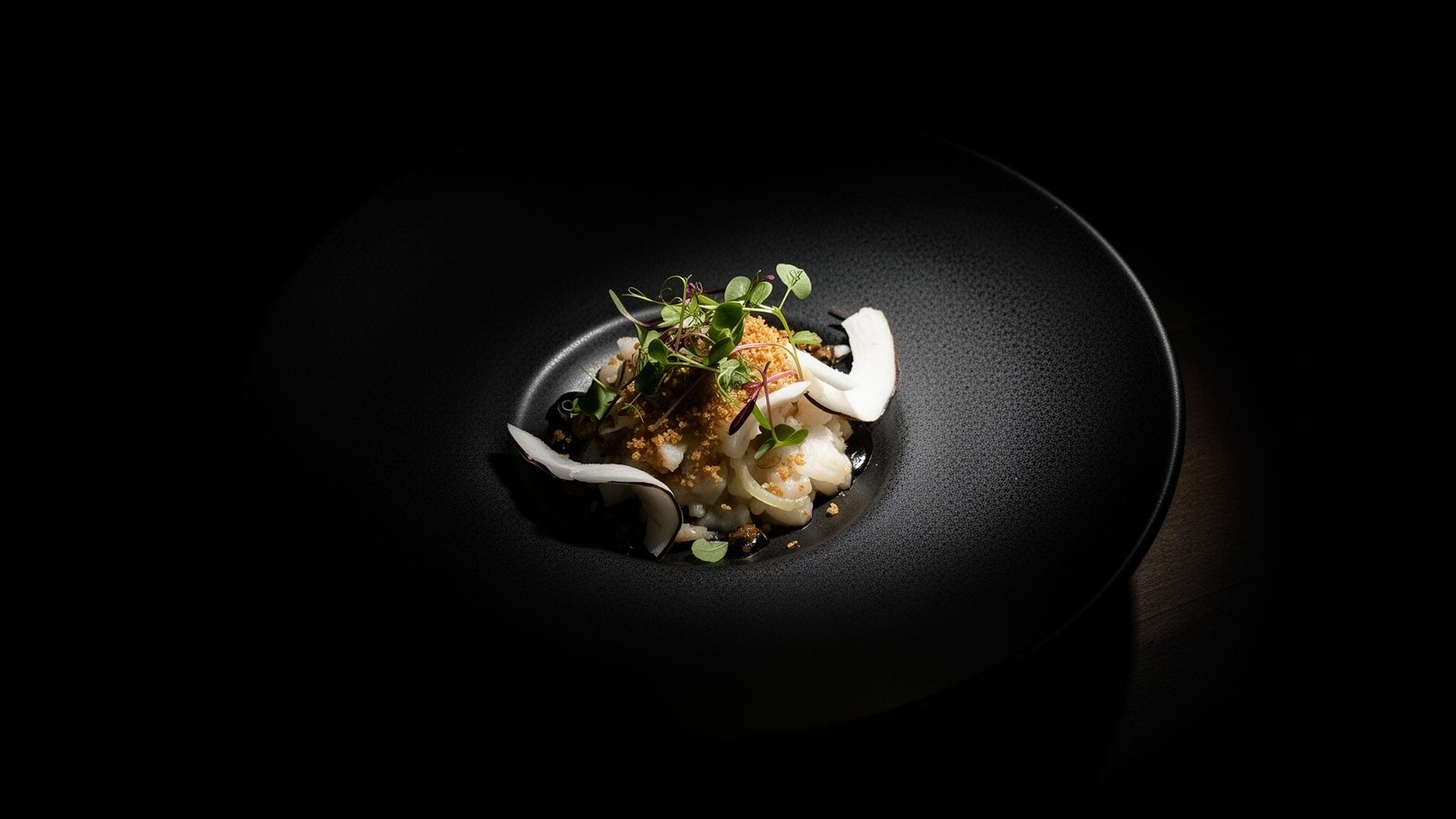 A signature coconut dish plated on matte black