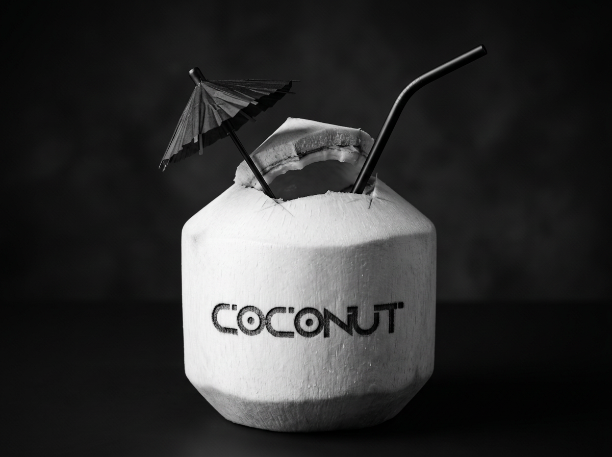 A young Thai coconut cracked open with a straw
