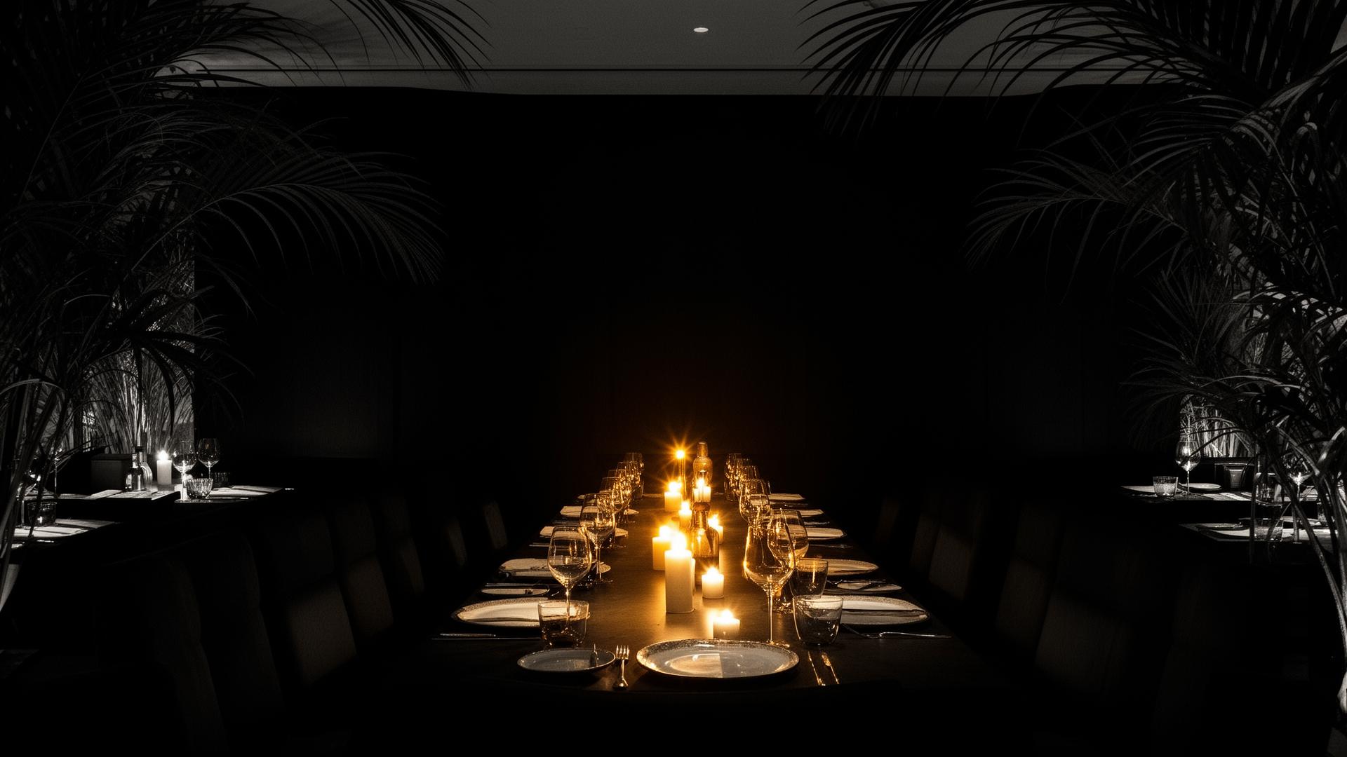 A long candlelit table framed by palm fronds